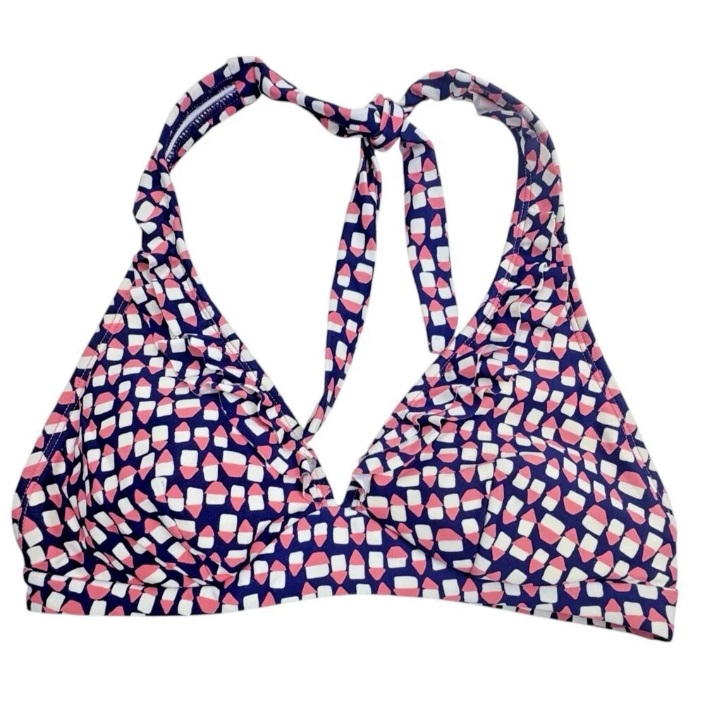 Boden Ruffle Halter Bikini Swim Top Pink Navy Geo Print US 6 Resort Beach